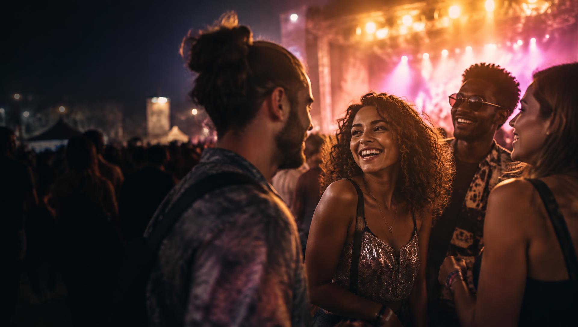 Pessoas felizes a conversar num festival à noite